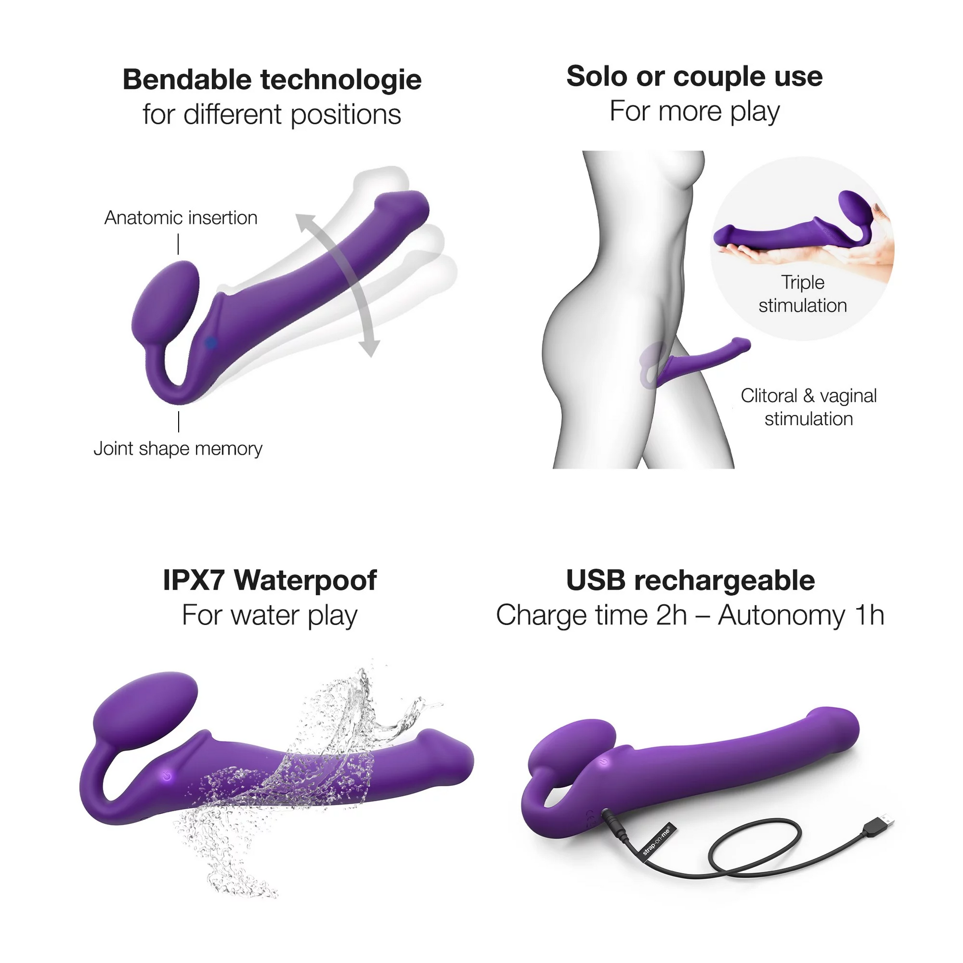 Purple bendable silicone strap-on with USB charging and water play features.
