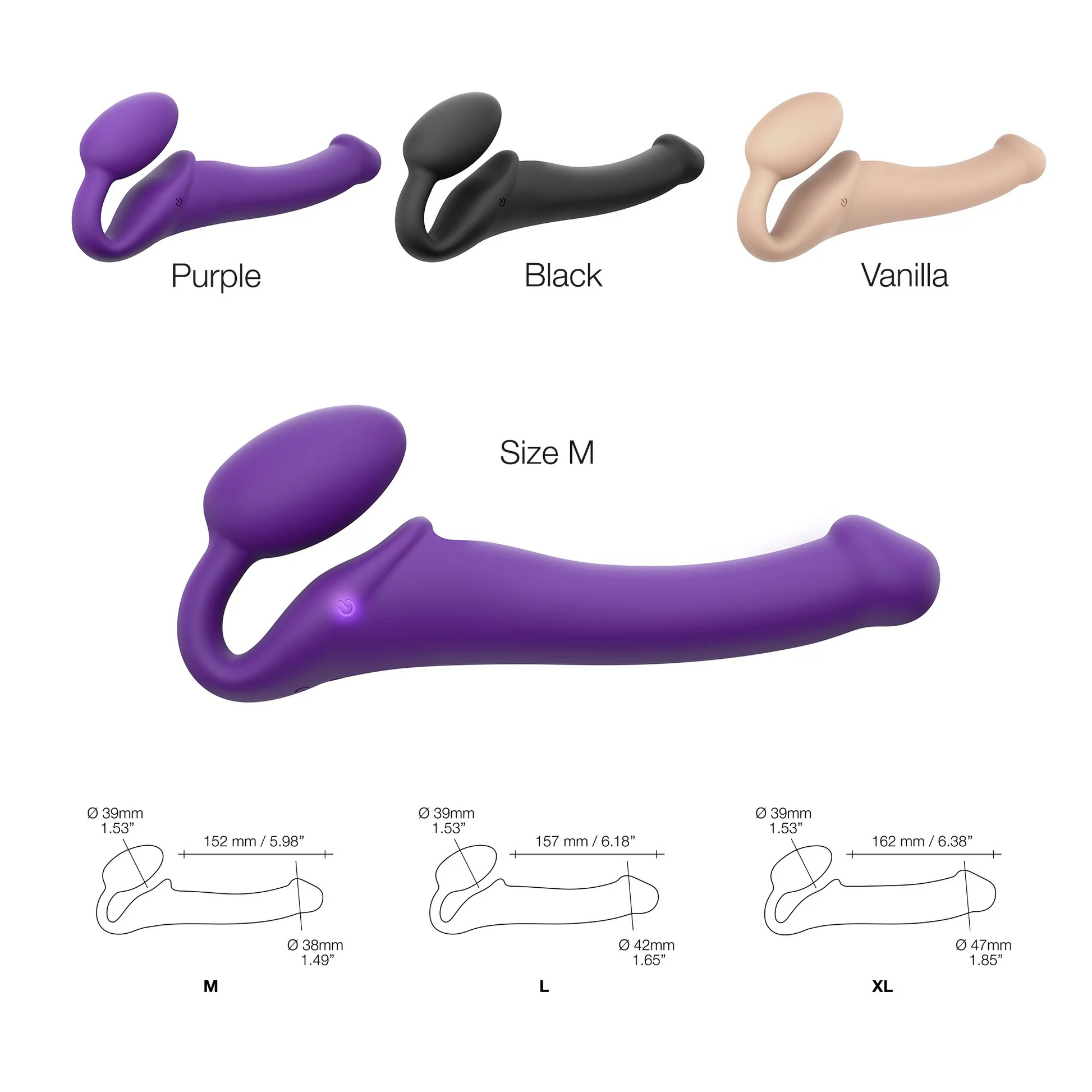 A purple, black, and vanilla vibrating bendable silicone strap-on with size options.