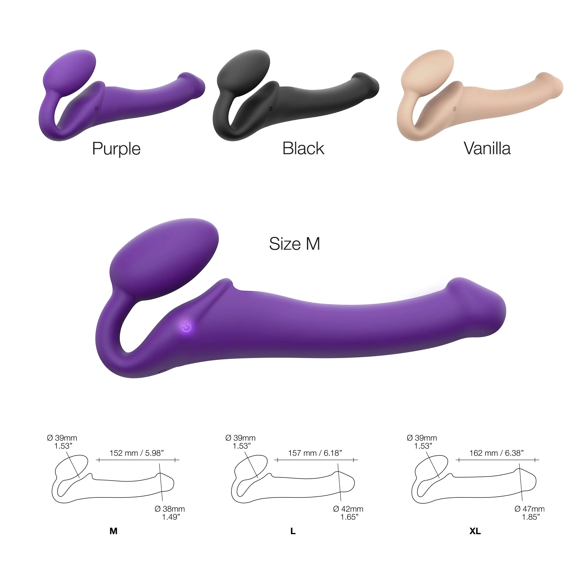 A purple, black, and vanilla vibrating bendable silicone strap-on with size options.
