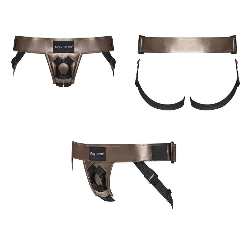 Bronze leatherette harness with adjustable straps and a dildo ring.