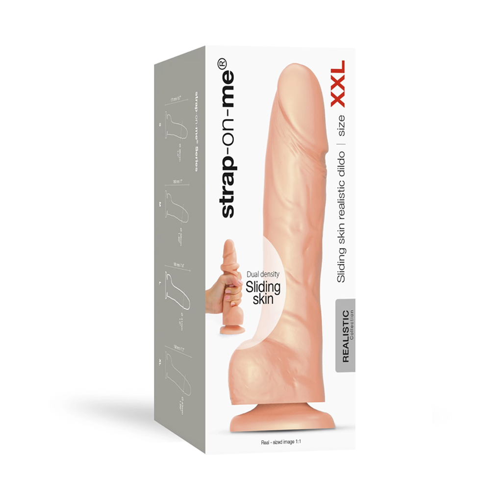 Boxed XXL realistic dual-density silicone dildo with sliding skin texture for strap-on use.