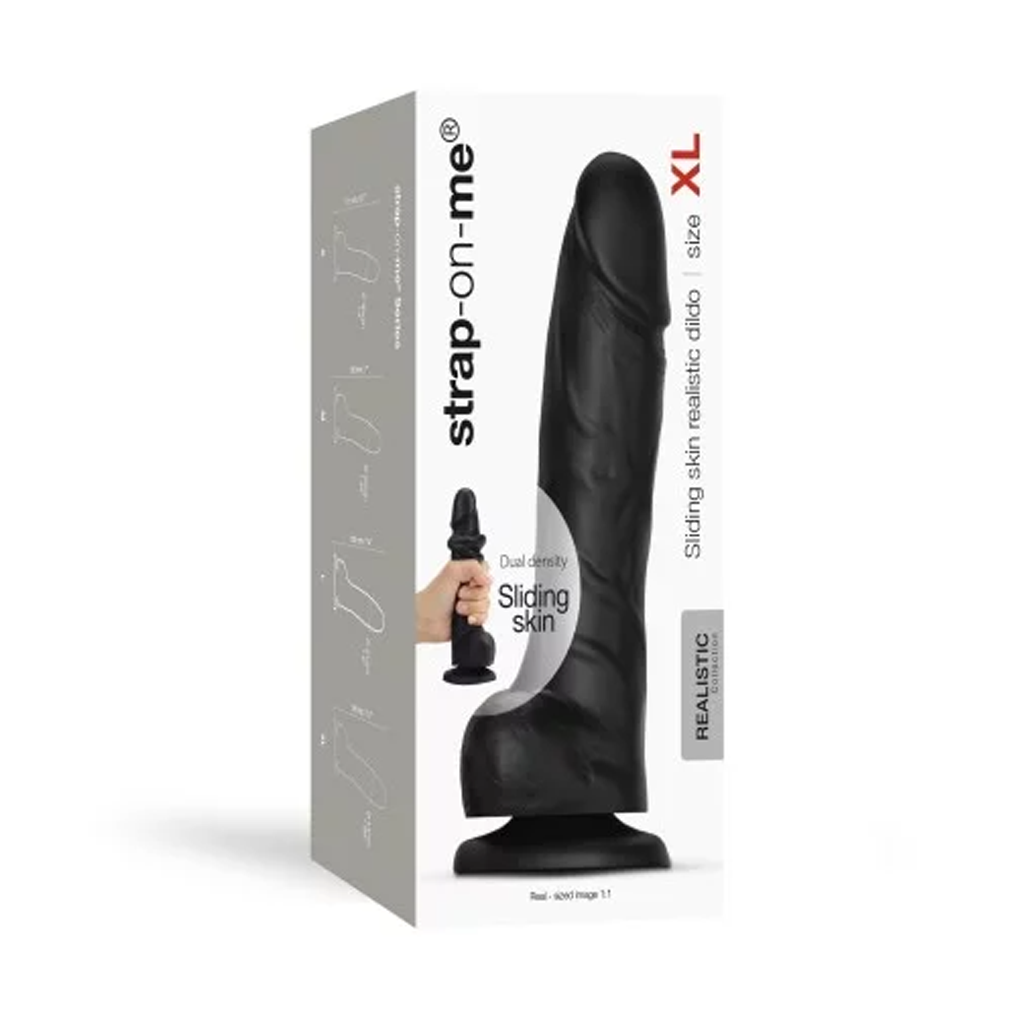 Black realistic dual density silicone dildo with "Sliding Skin" text.