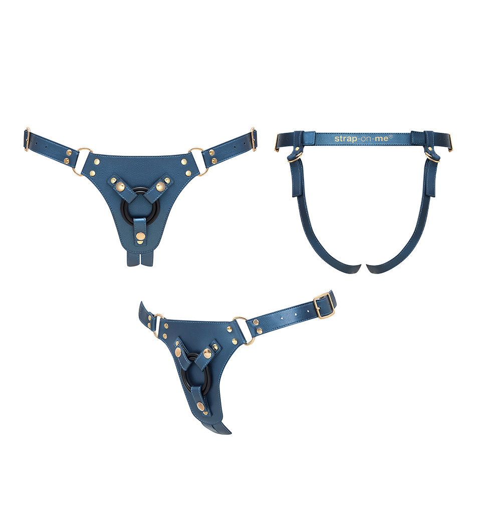 Blue adjustable strap-on harness with gold hardware.