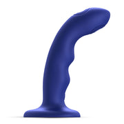 Curved blue silicone dildo vibrator with tapping tip and suction base.