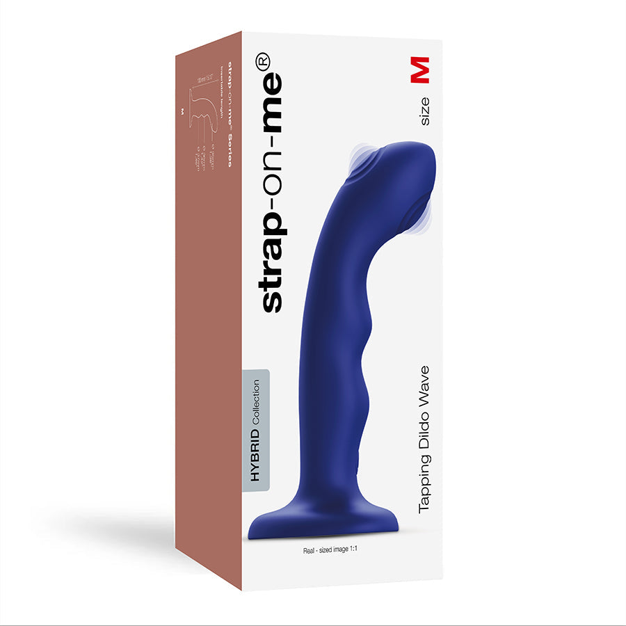 Blue strap-on dildo with a curved shape and "Tapping Dildo Wave" text.