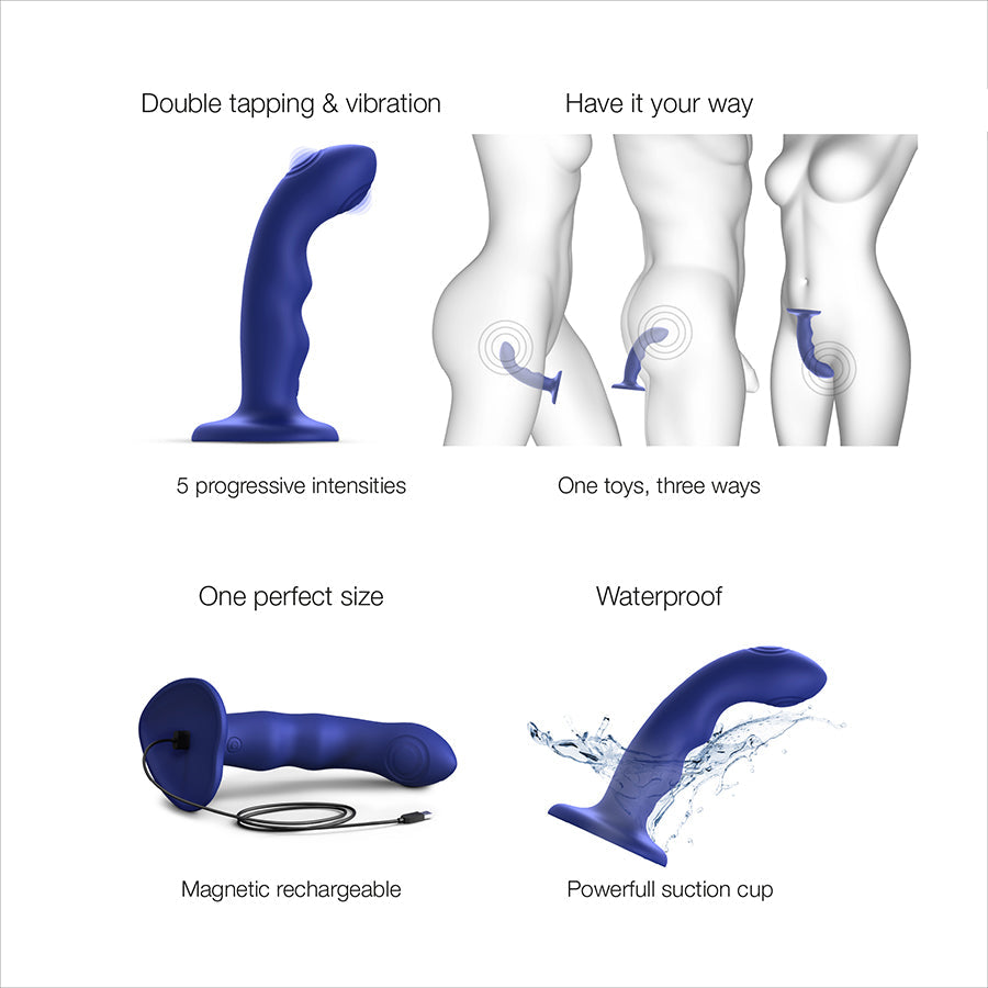 Blue silicone vibrator with a curved shape, suction cup, and charging cable.