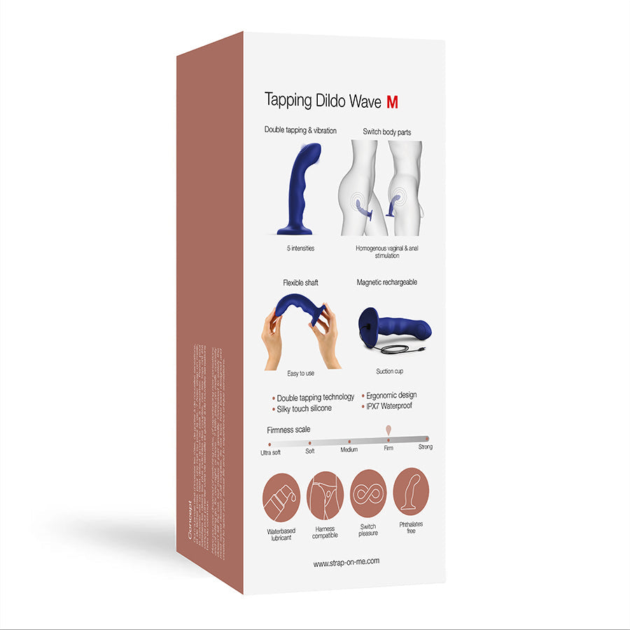 Blue silicone tapping dildo with suction cup and firmness scale.