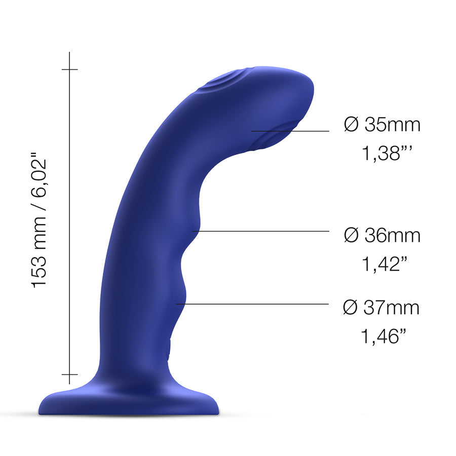 Blue silicone G-spot vibrator with dimensions labeled.