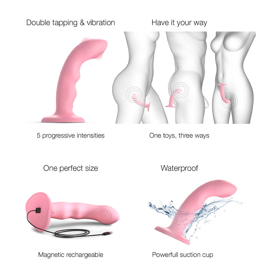 Pink curved silicone dildo vibrator with tapping tip, suction cup, and charging cable.