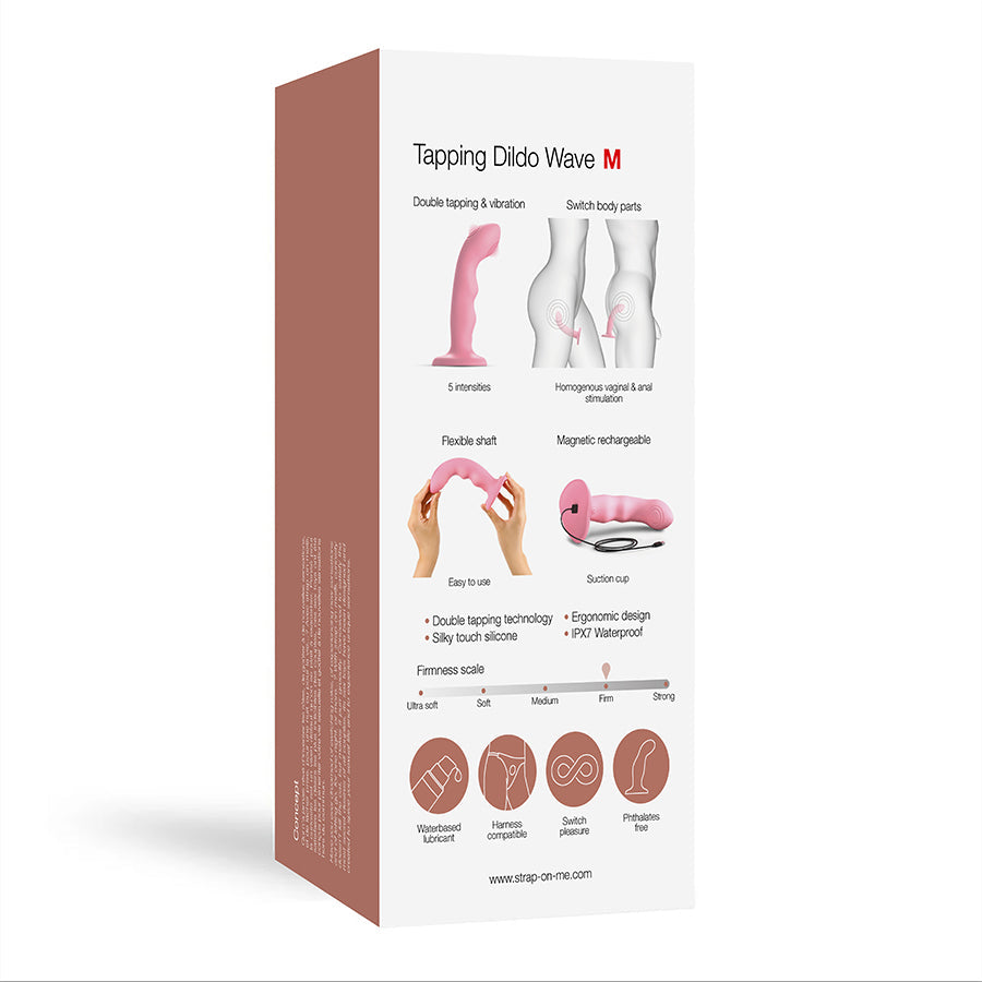 Pink tapping dildo wave with suction cup and firmness scale.