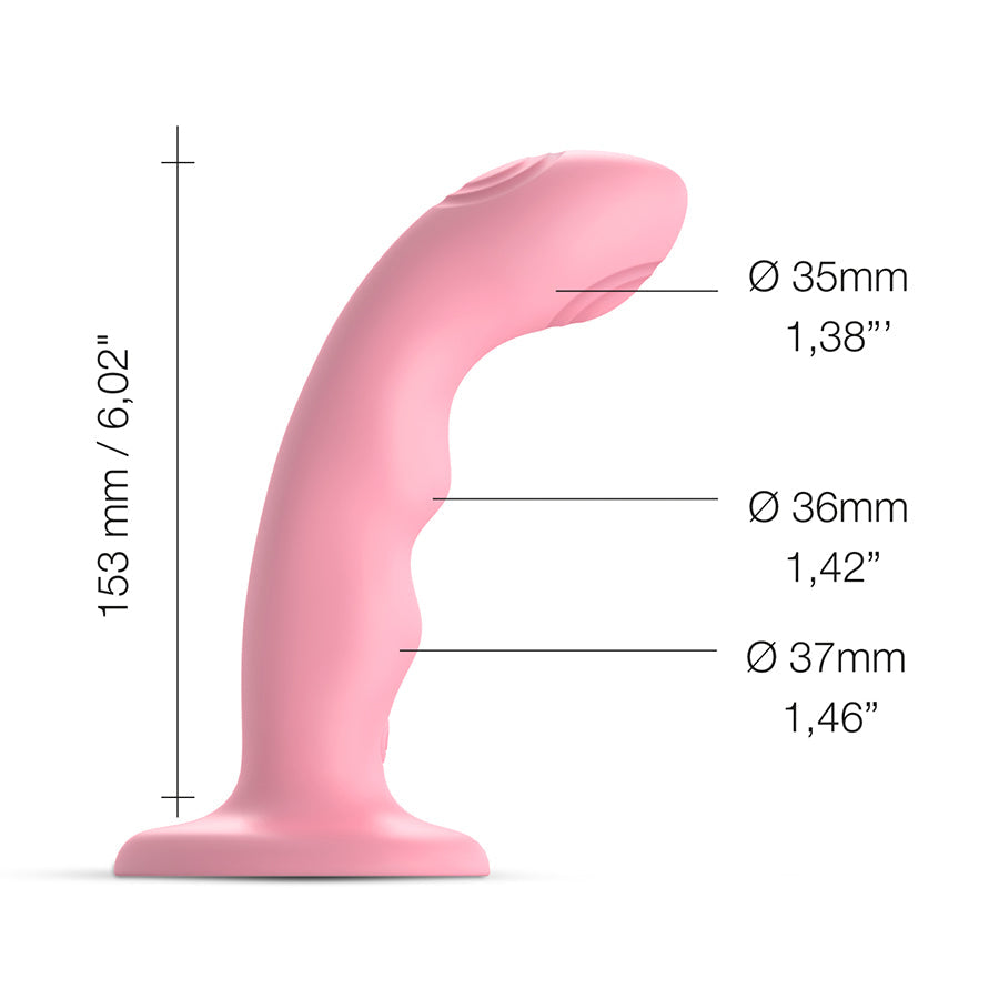 Pink silicone curved dildo with wavy design, 6-inch length, and varying diameters shown in diagram.