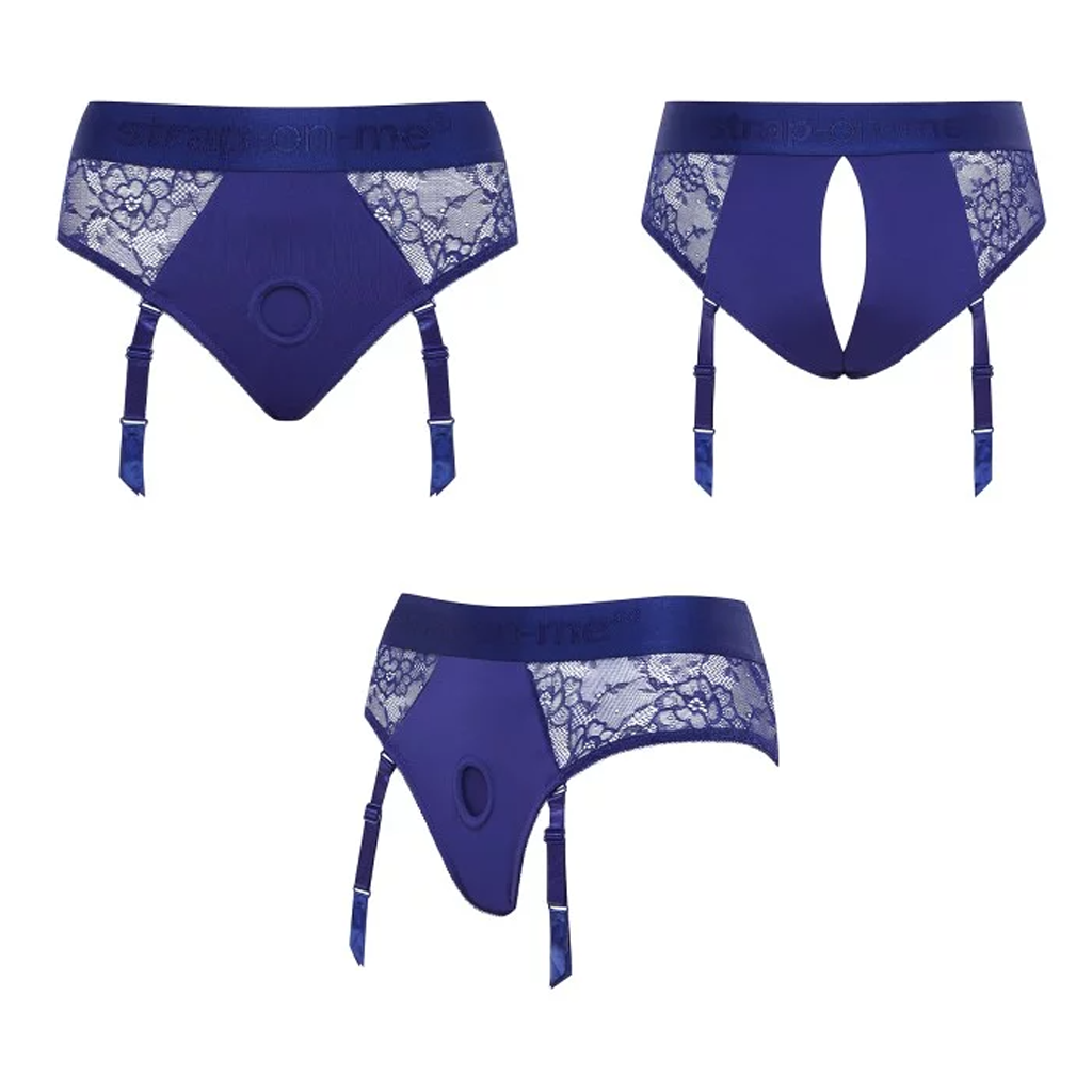 Blue lace lingerie harness with dildo ring and adjustable suspenders.