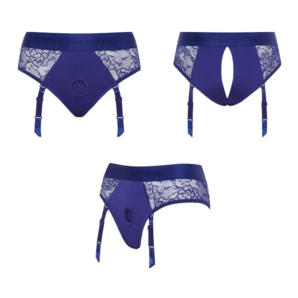 Blue lace lingerie harness with adjustable suspenders and a front ring.