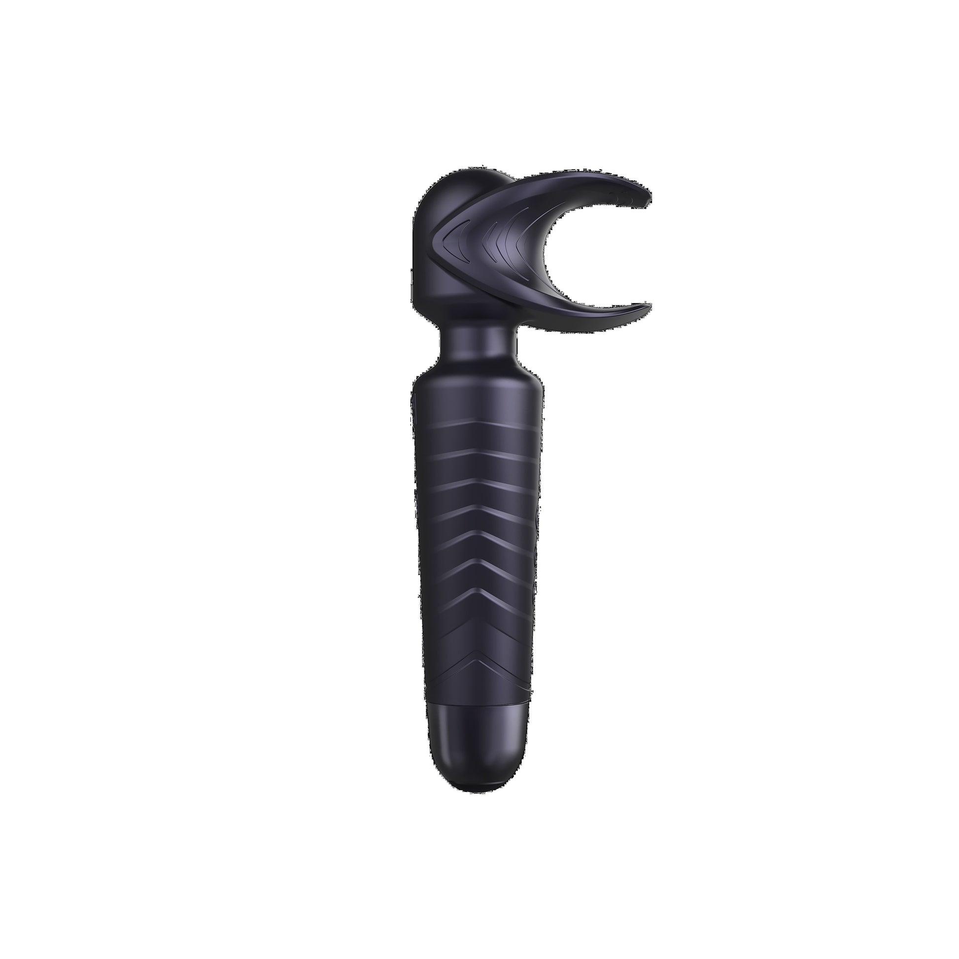 Black silicone male wand vibrator with textured handle and curved head.