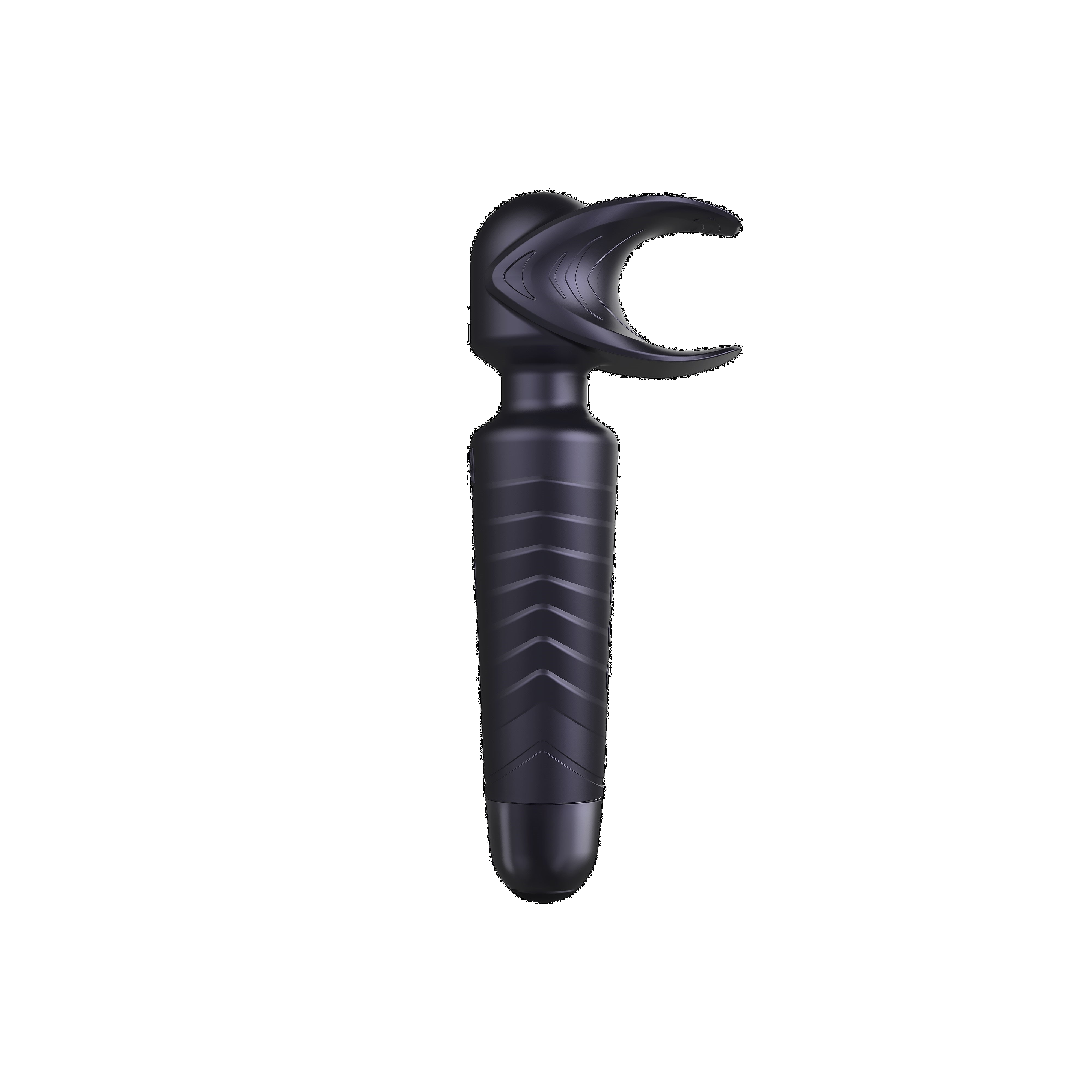 Black silicone male wand vibrator with textured handle and curved head.