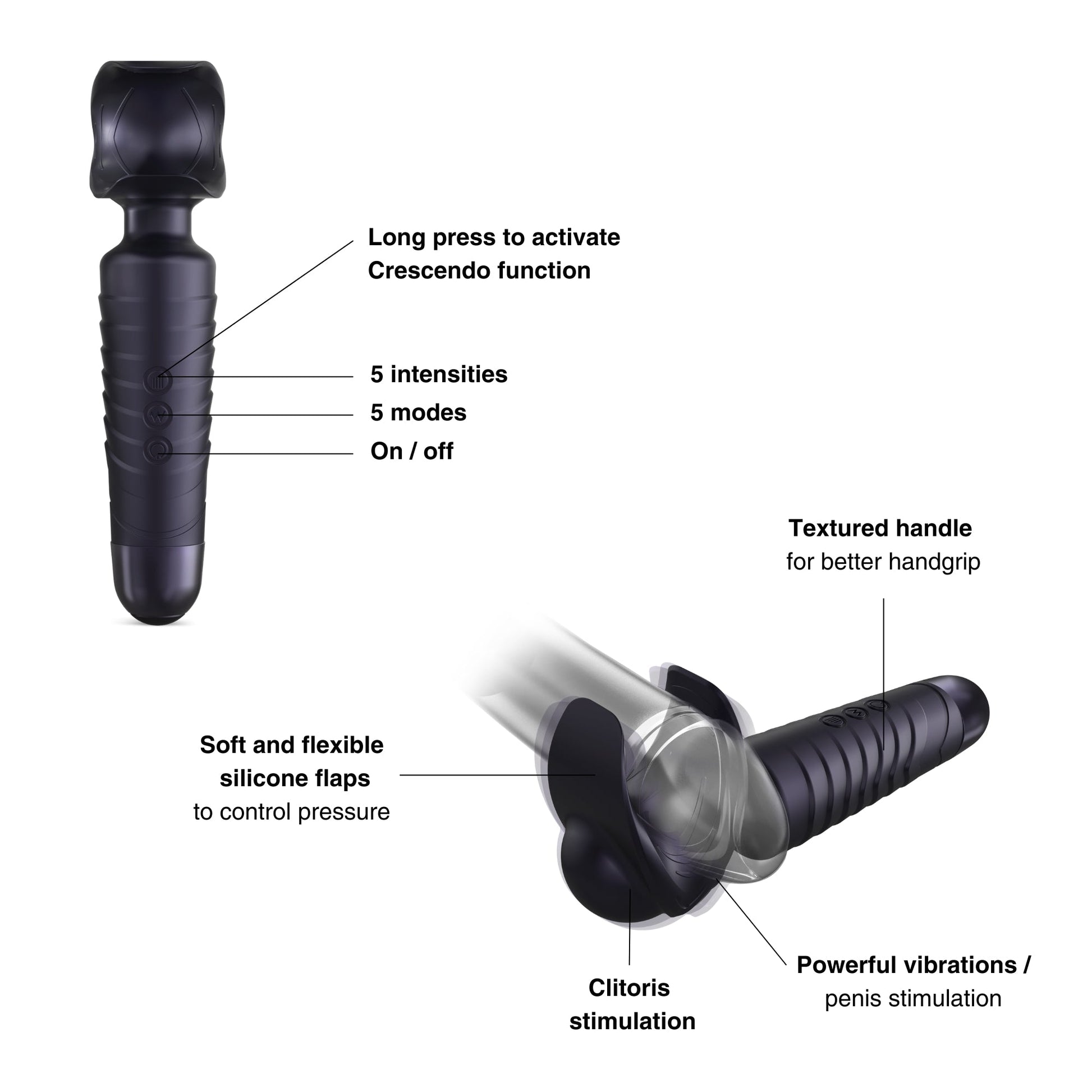 A black silicone wand vibrator with textured handle and control buttons.