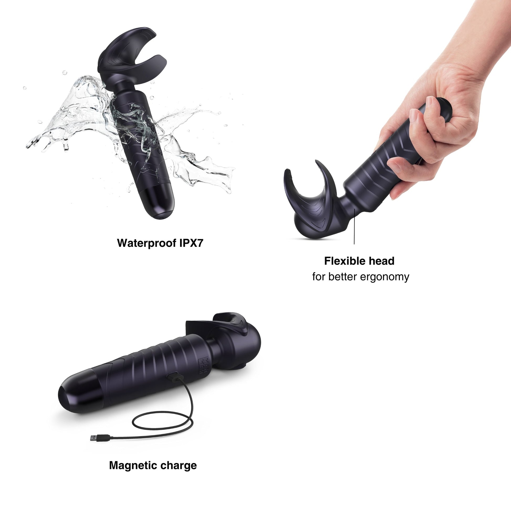 Black waterproof silicone wand vibrator with flexible head and magnetic charging.