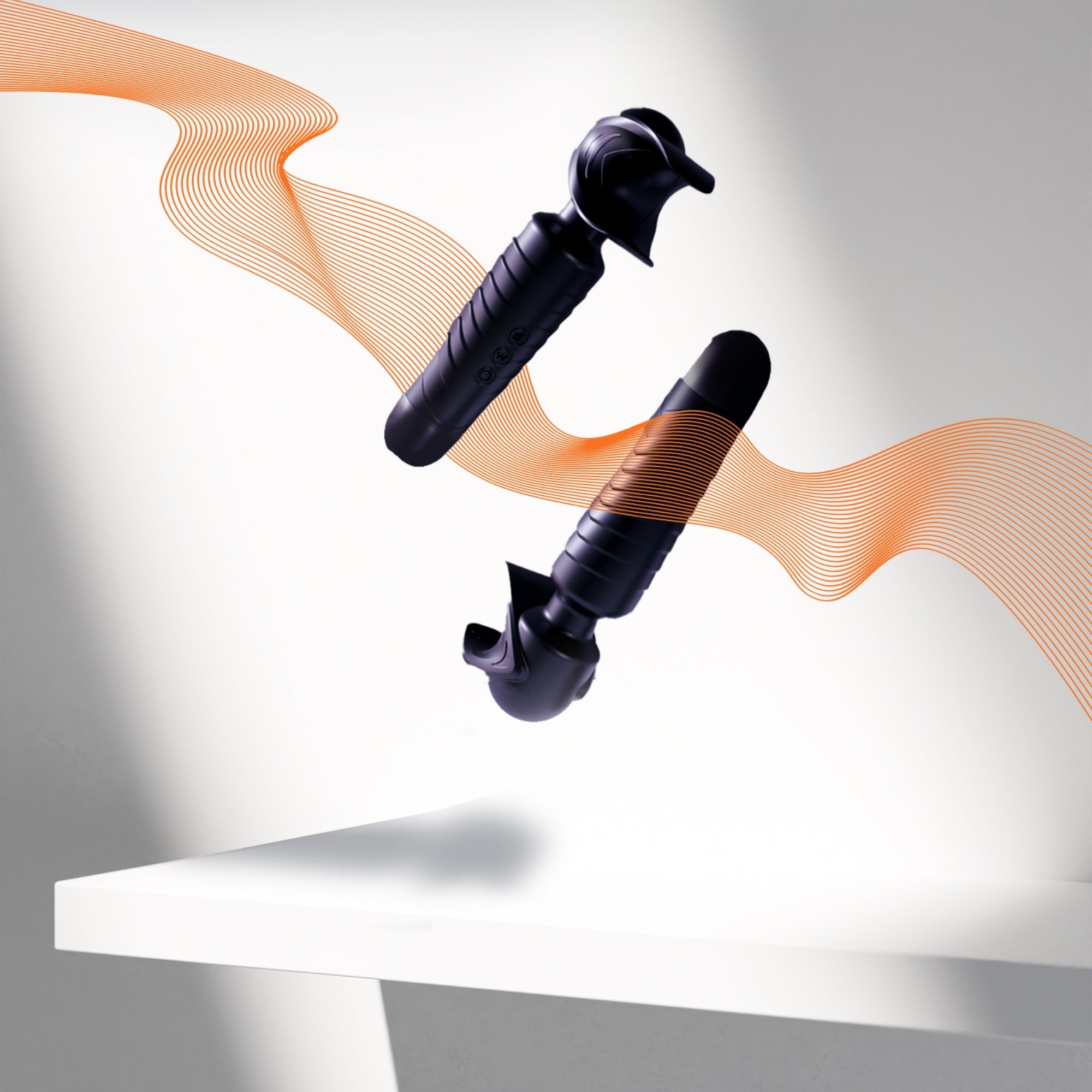 Two black wand vibrators with orange wavy lines on a white background.