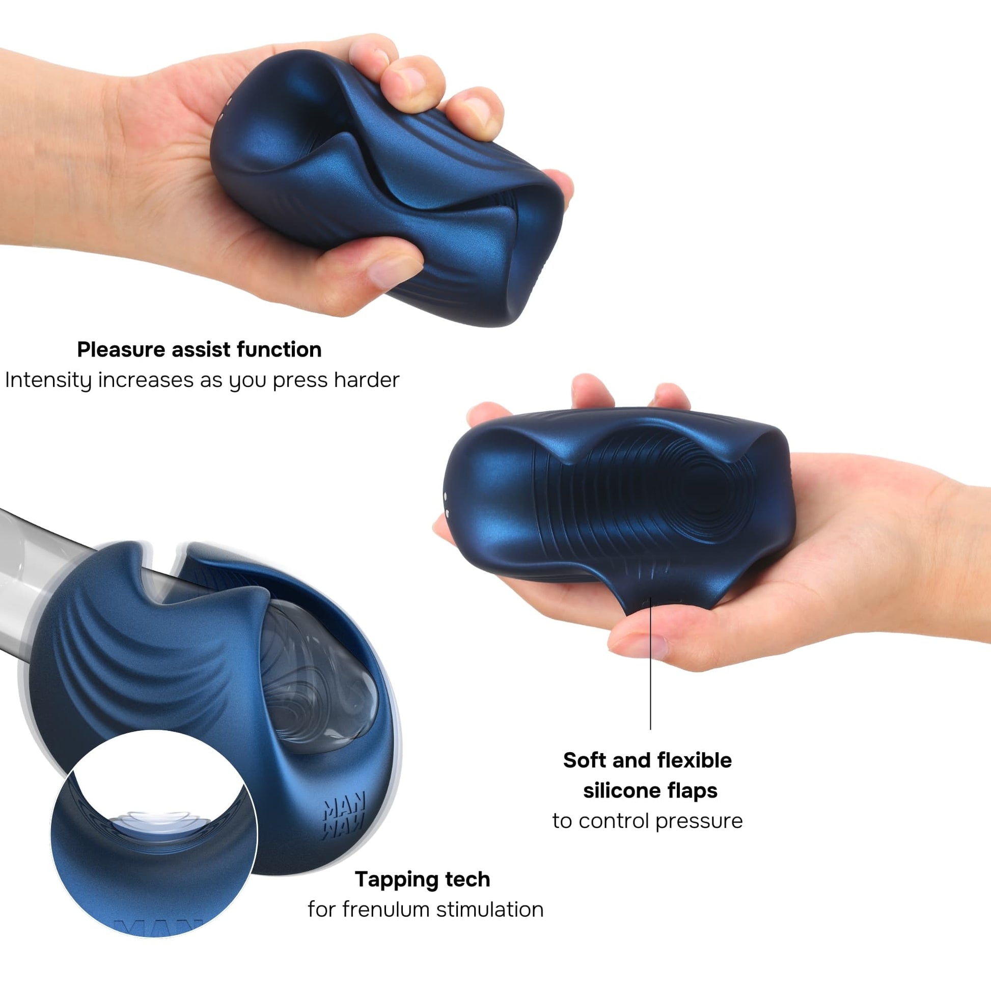 A blue silicone stimulator held in a hand, with text describing its features.