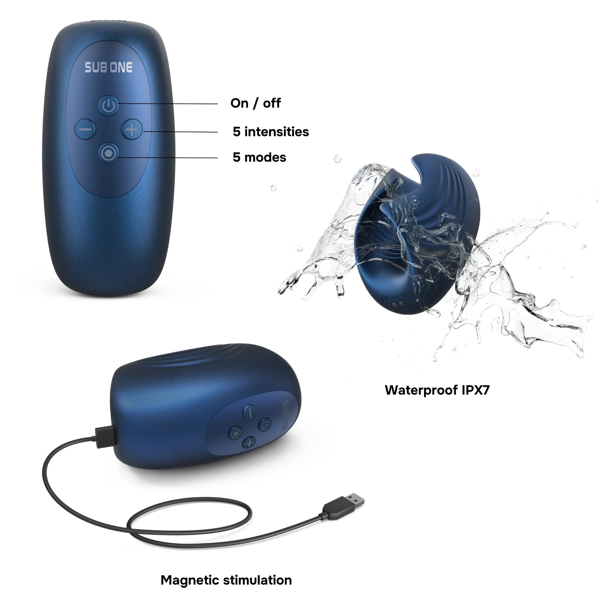 Blue silicone stimulator with magnetic charging and IPX7 waterproof rating.