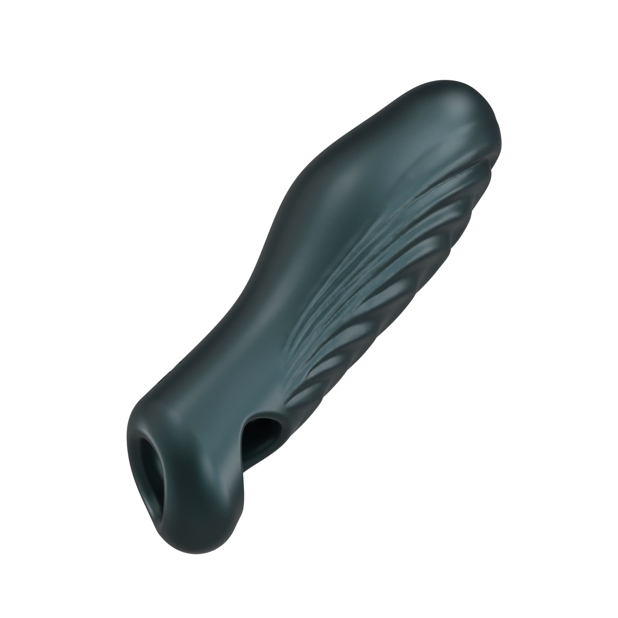 A dark teal silicone penis sleeve with textured ridges and an opening.