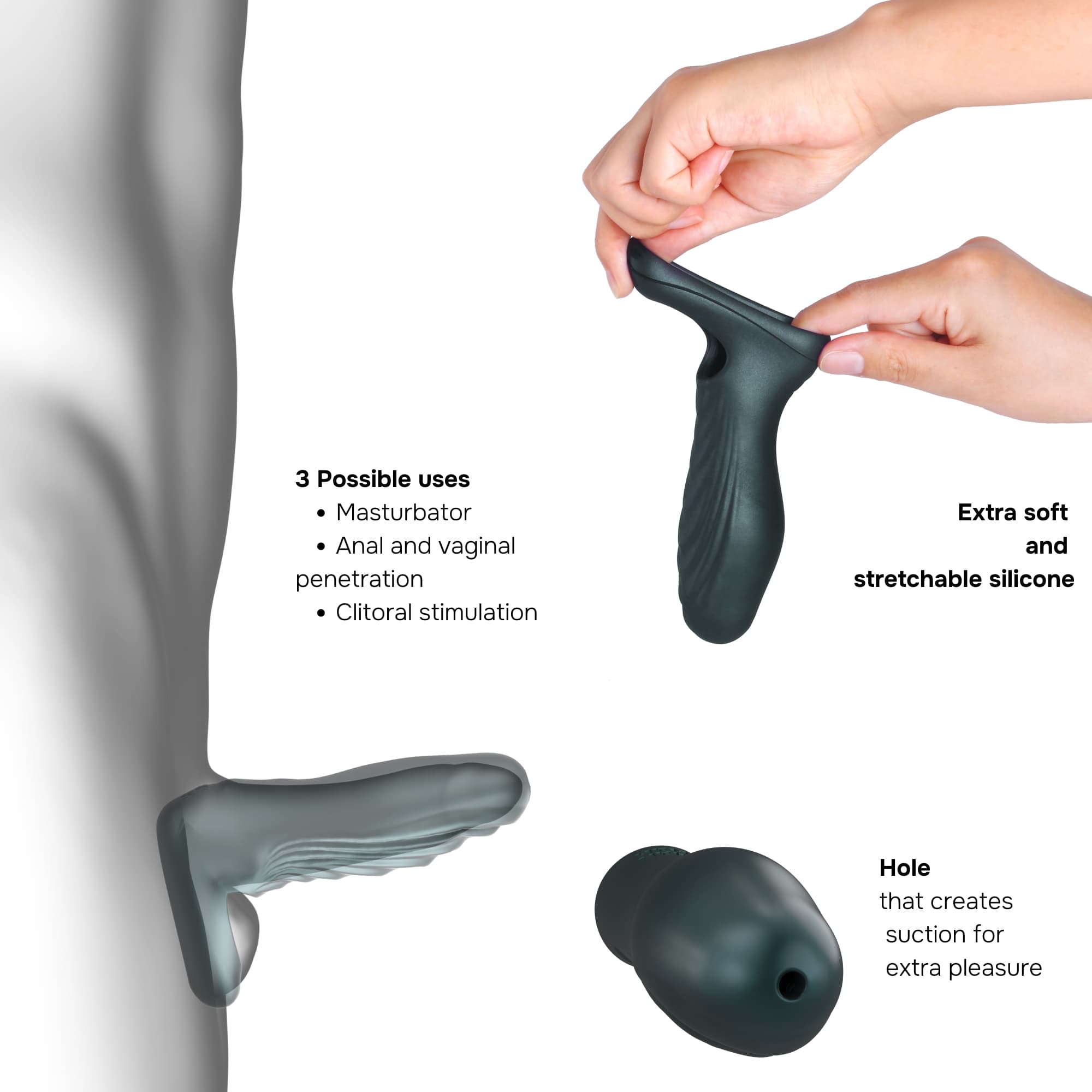 Ryzer silicone textured penis sleeve and masturbator with a suction hole.