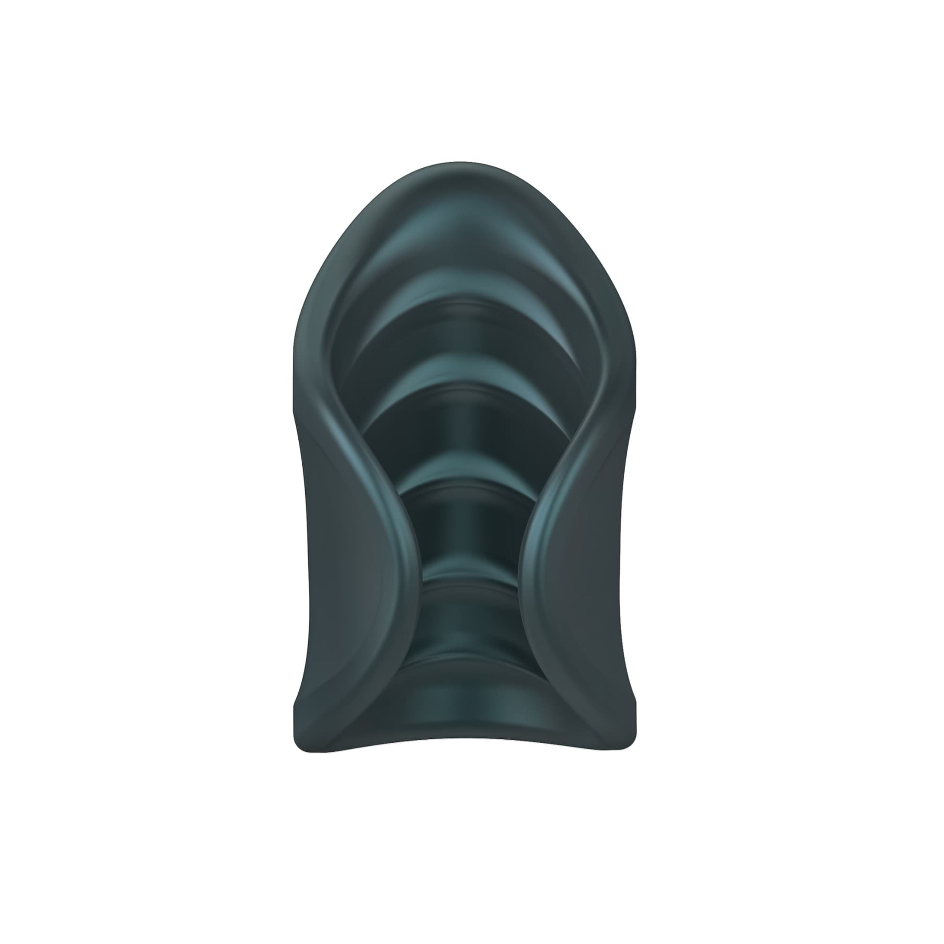 Rechargeable silicone vibrating stroker in pine grey with internal ridges.