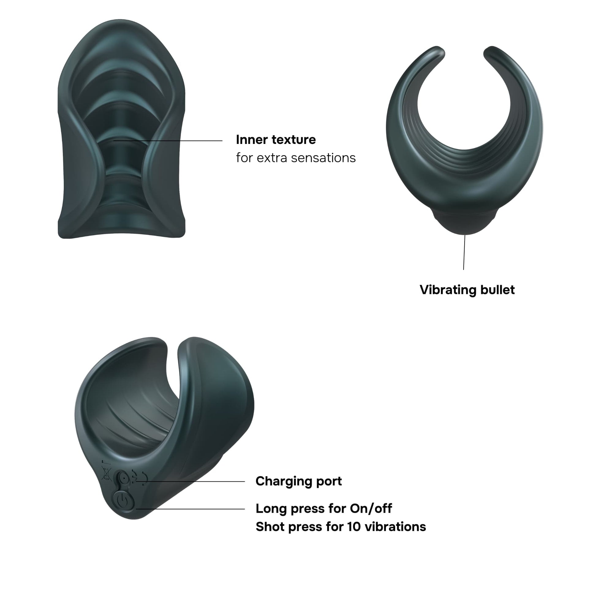 A grey vibrating stroker with inner texture and charging port.