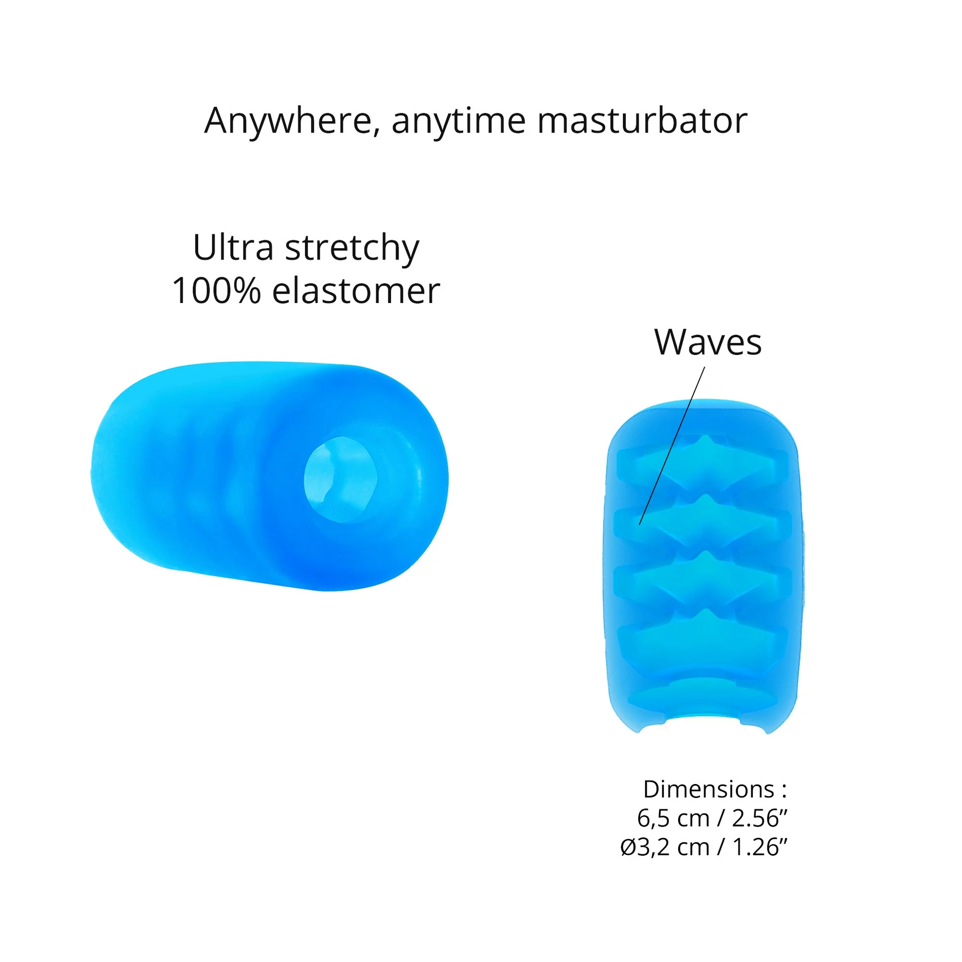 Blue masturbator sleeve with waves and dimensions listed.
