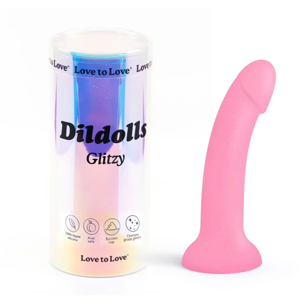 Pink glitter silicone curved dildo with suction cup.