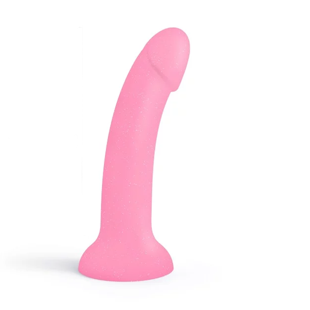 Pink glitter silicone curved dildo with suction cup base.