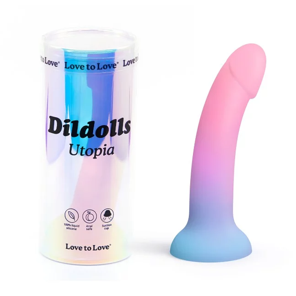 Pink curved silicone dildo with suction cup and its packaging box.
