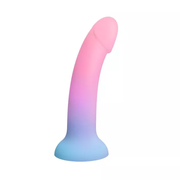 Pink curved silicone dildo with suction cup base, fading to blue.