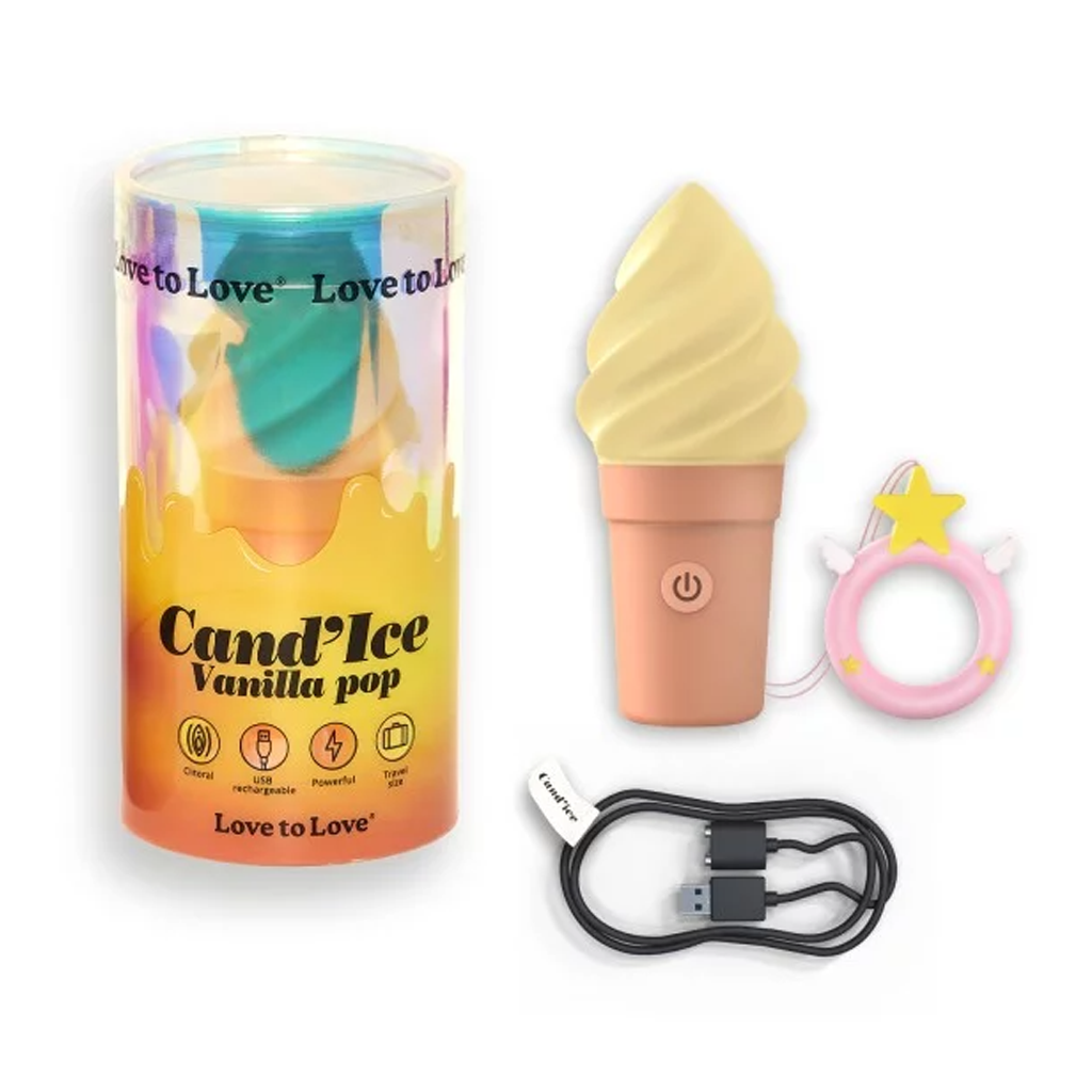 Cand'Ice Vanilla Pop silicone vibrator with USB charging cable and pink star accessory.