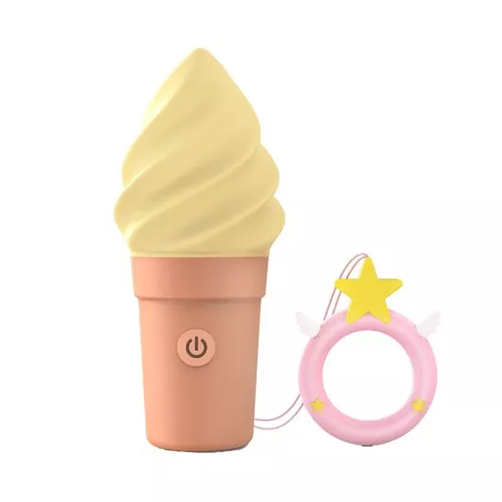 A vanilla ice cream cone shaped vibrator with a pink star charm accessory.