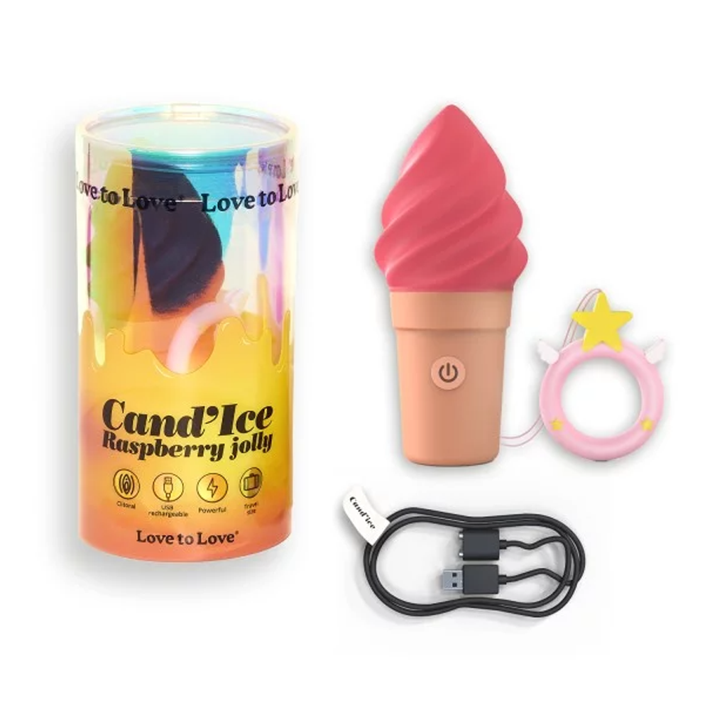 Cand'ice Raspberry Jolly silicone vibrator with 10 modes and charging cable.
