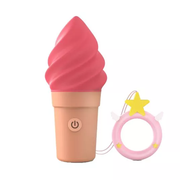 A pink ice cream cone shaped vibrator with a star ring accessory.