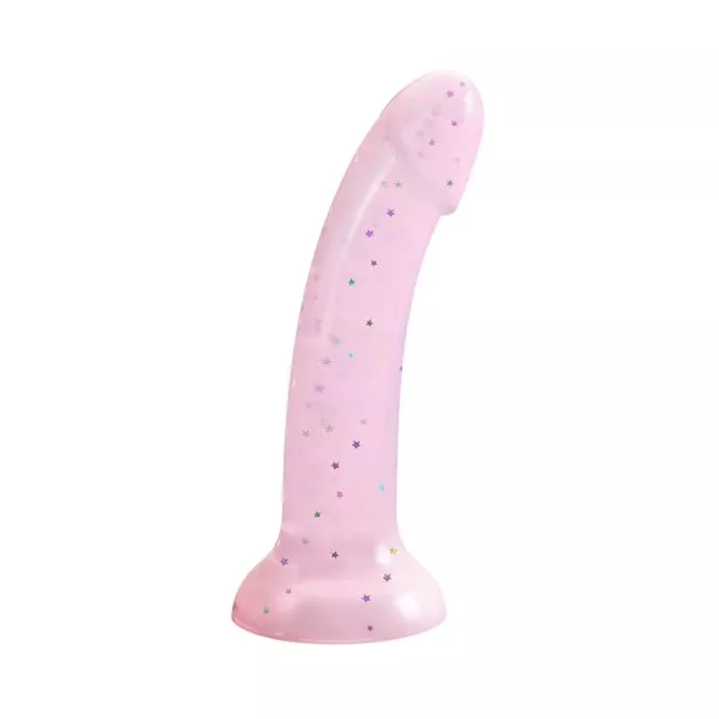 Pink glittery curved liquid silicone dildo with suction base.