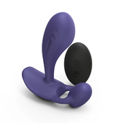 Purple G-spot and clitoral vibrator with a black remote control.