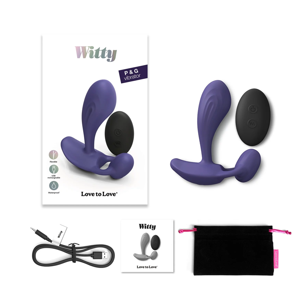 Purple Witty remote control G-spot and clitoral vibrator with USB cable and pouch.