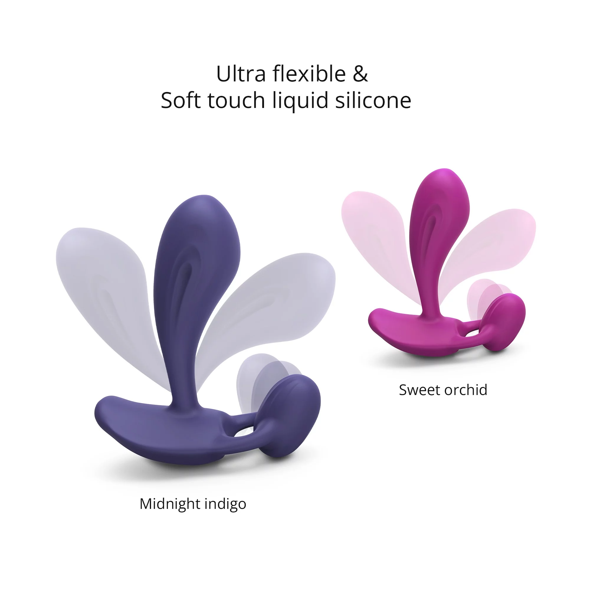 Two flexible silicone vibrators in midnight indigo and sweet orchid colors.