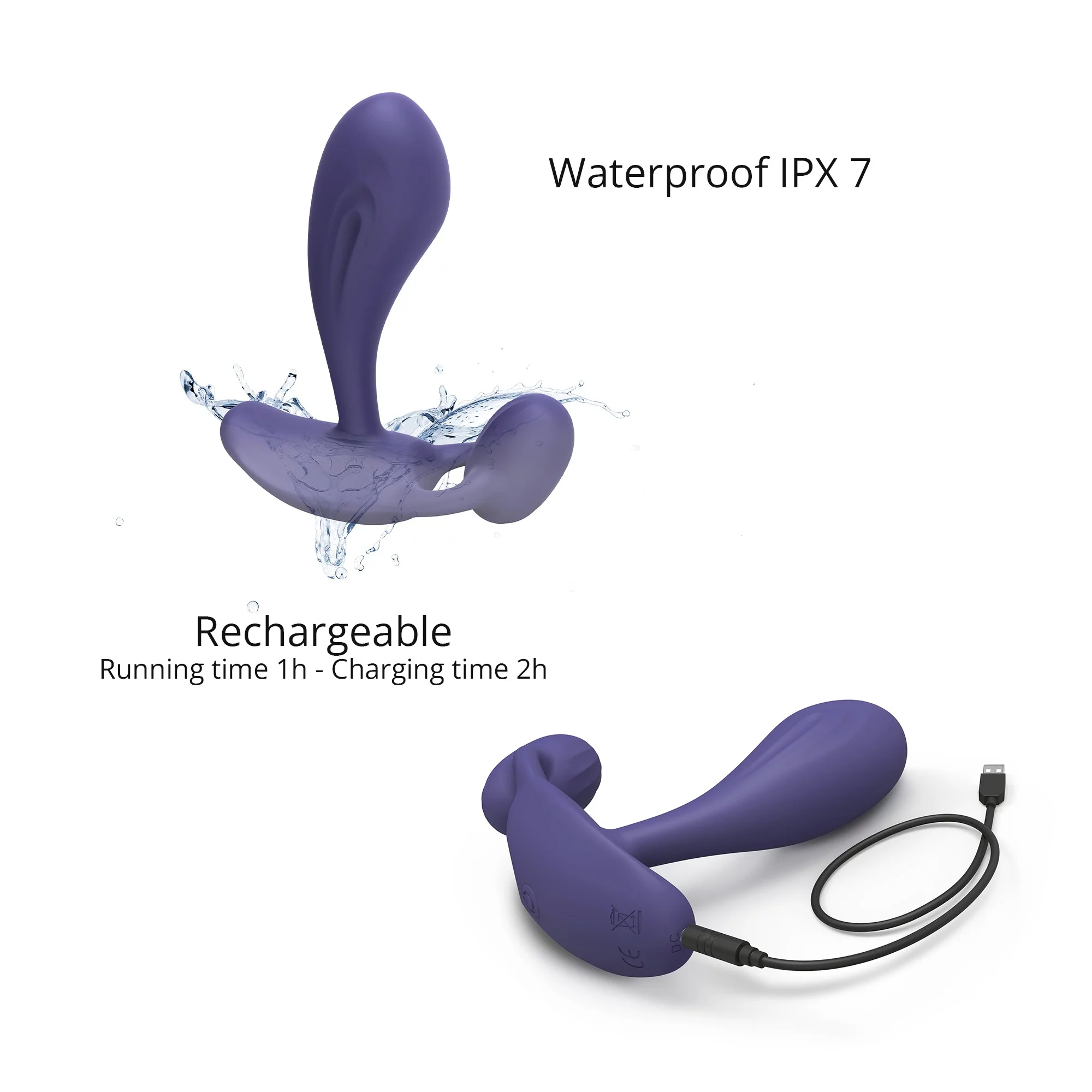 Purple waterproof vibrator with USB charging cable and text indicating waterproof and rechargeable features.