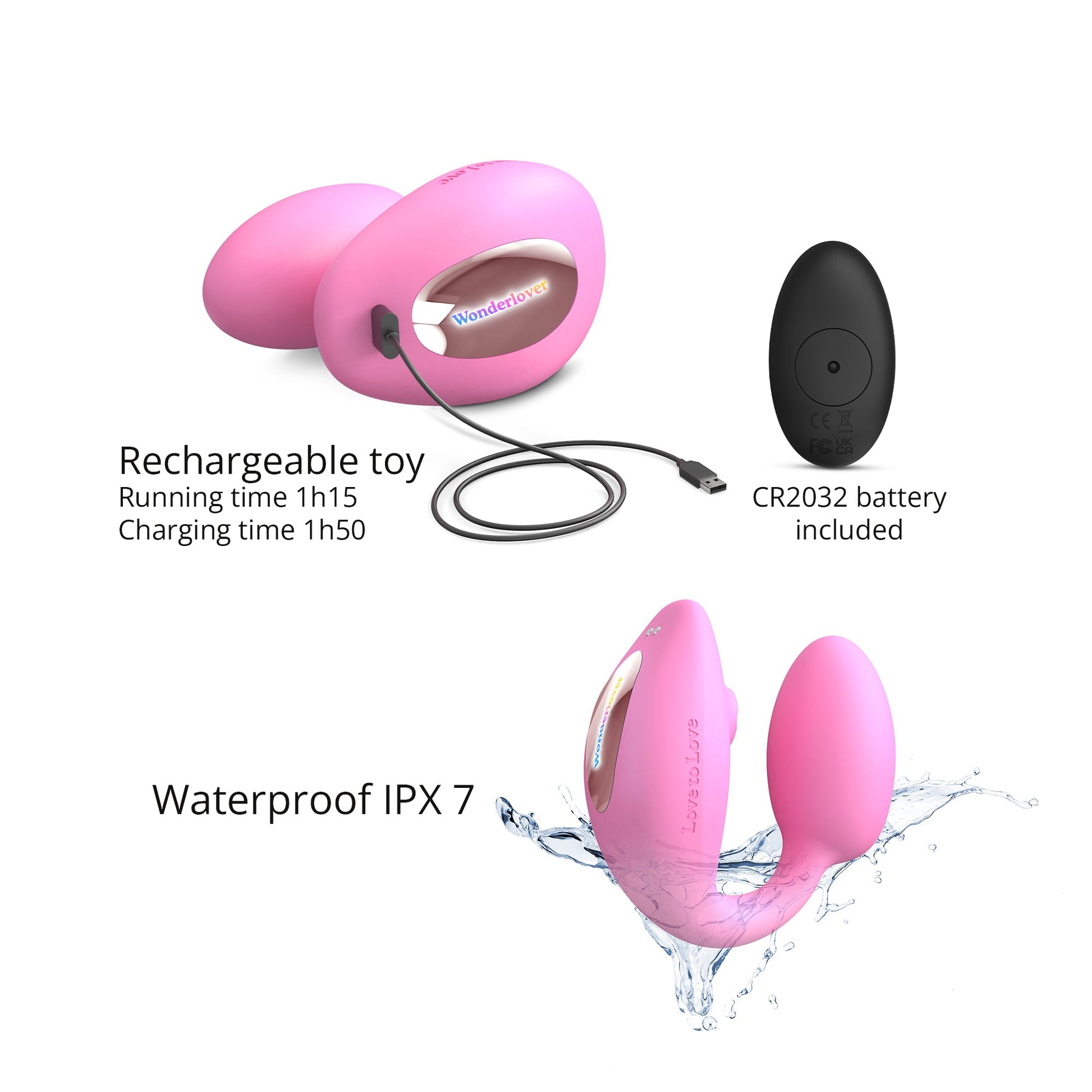 Pink dual stimulator with remote control, USB charging cable, and waterproof IPX7 rating.
