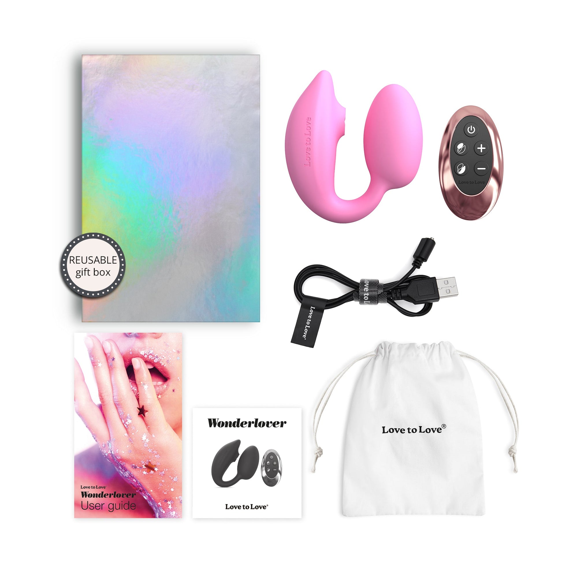 Pink dual stimulator with remote, charging cable, and storage bag.