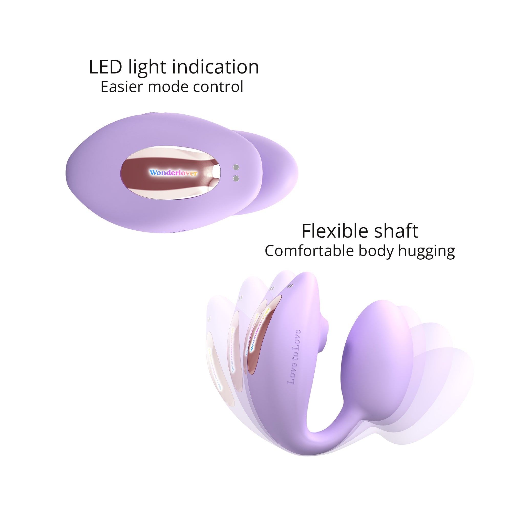 A purple dual stimulation vibrator with a flexible shaft and LED indicator.