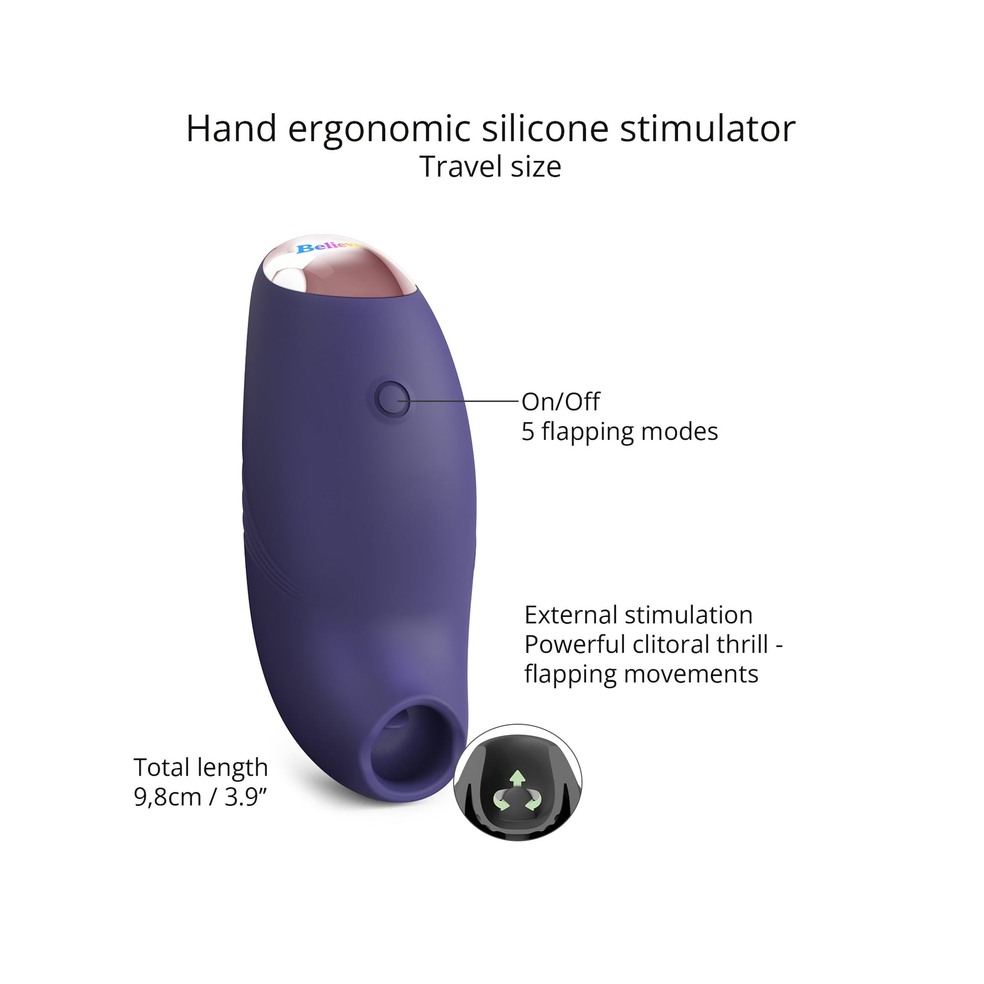 Purple silicone clitoral stimulator with on/off button and flapping movements.