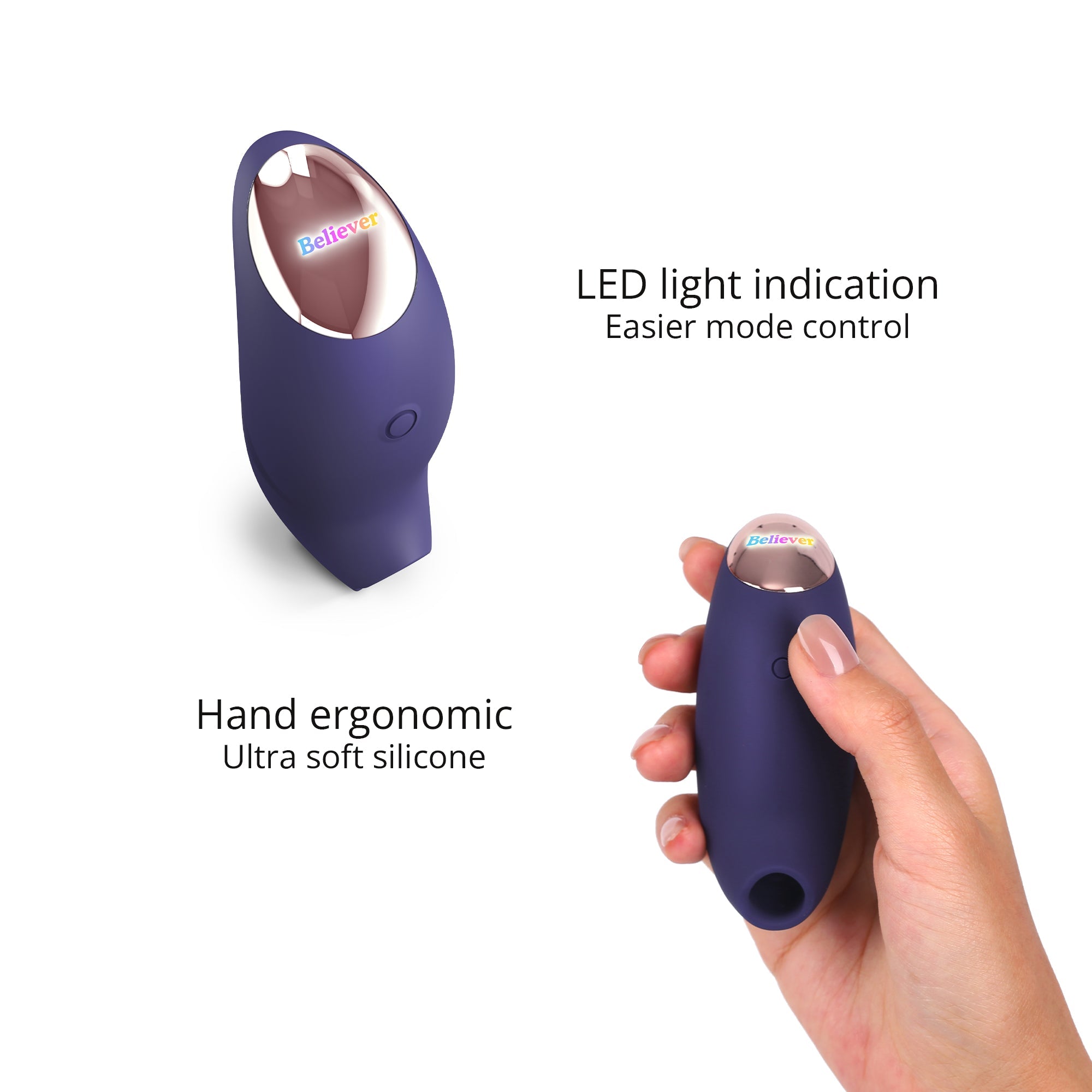 A purple Believer clitoral stimulator with a metallic top and LED light indication.