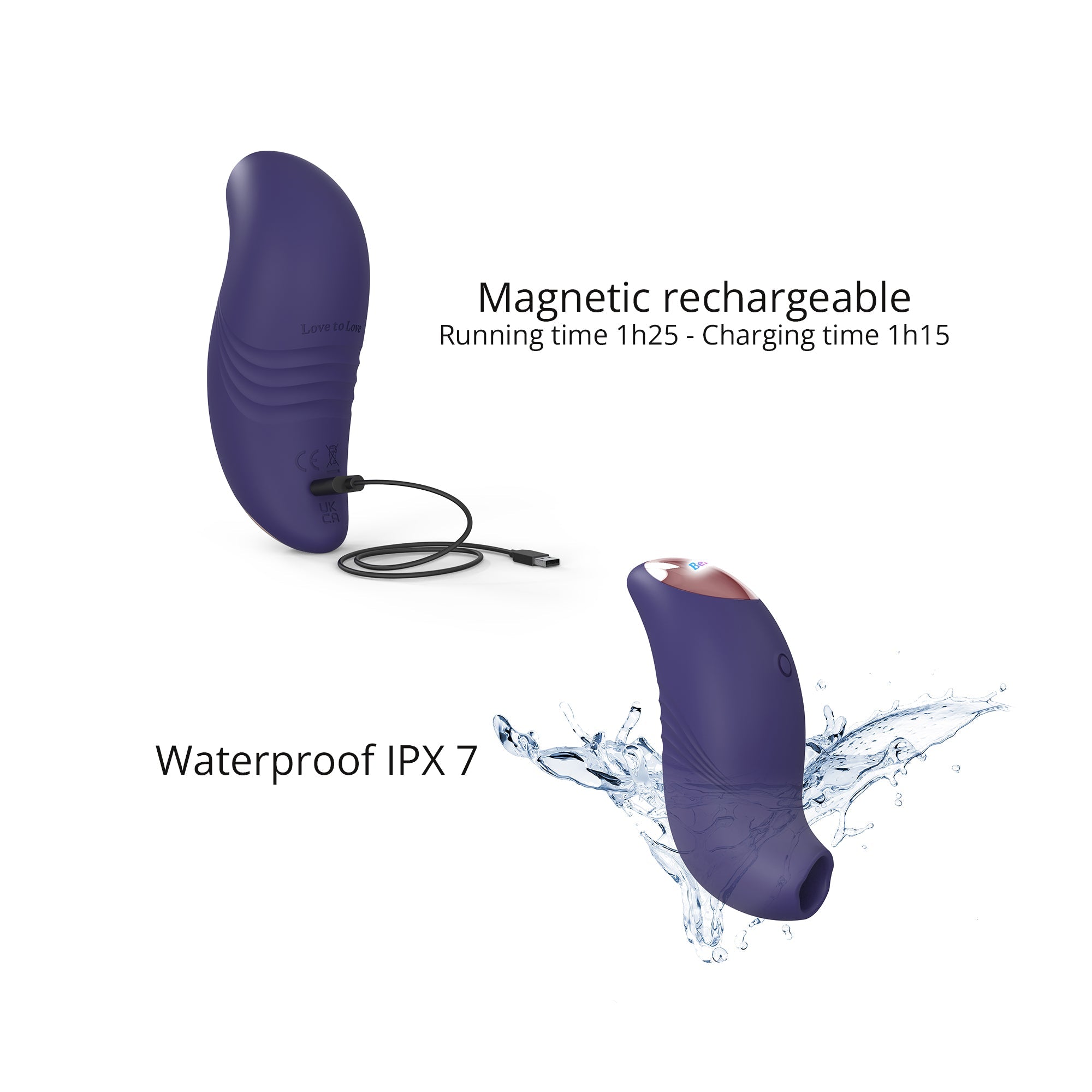 Purple waterproof clitoral stimulator with magnetic charging and IPX7 rating.