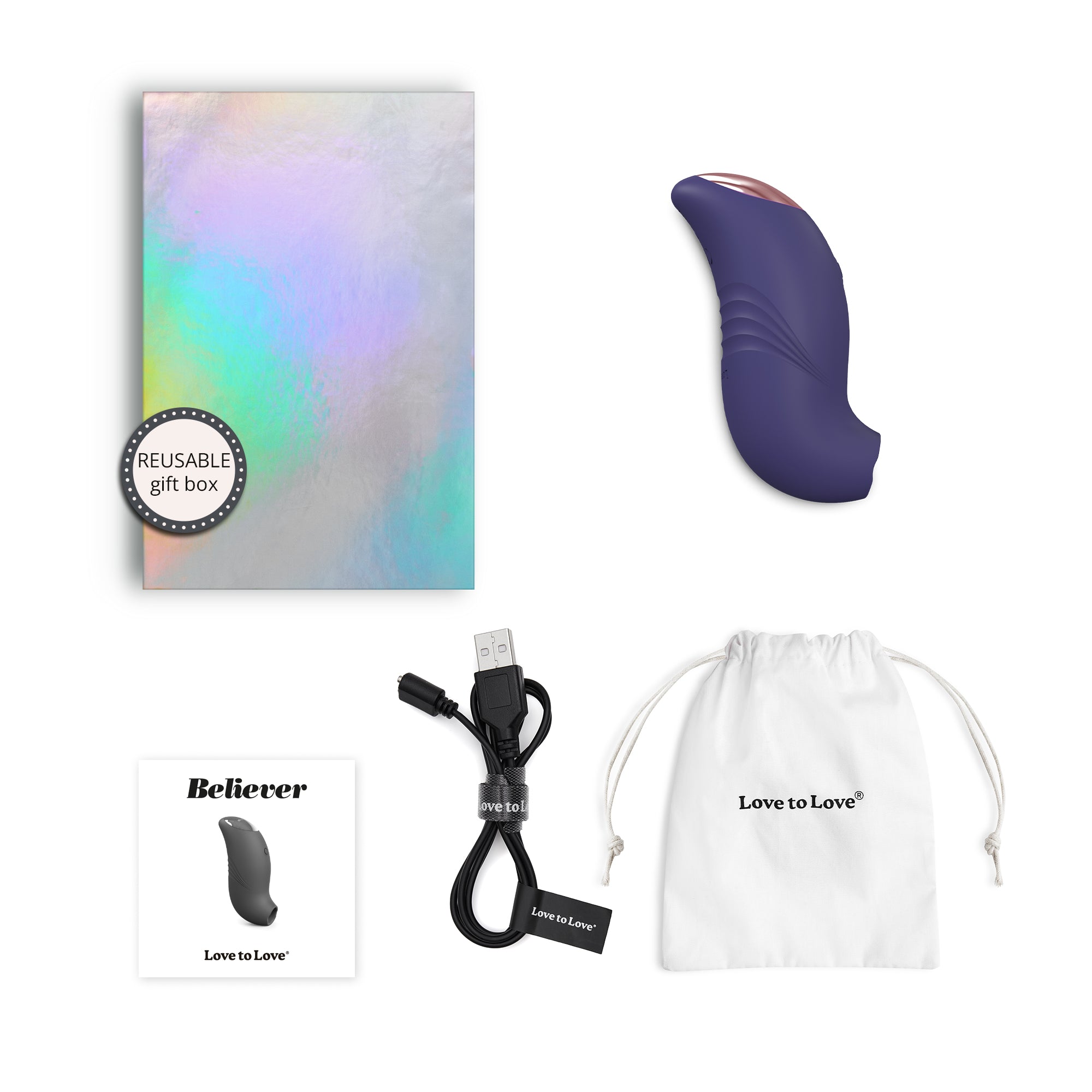 A purple clitoral stimulator with a charging cable, drawstring bag, and product card.