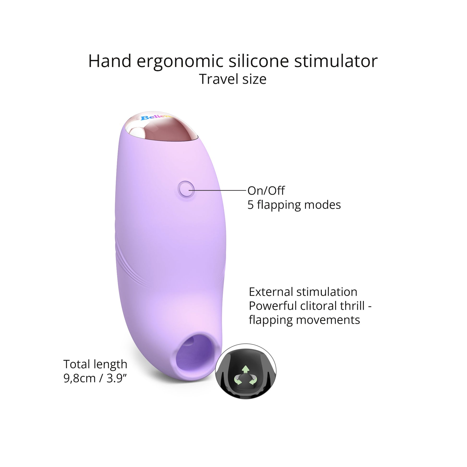 A purple silicone clitoral stimulator with a flapping design and on/off button.